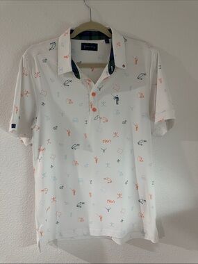 William Murray Golf White Polo with Orange & Light Blue Icon Print